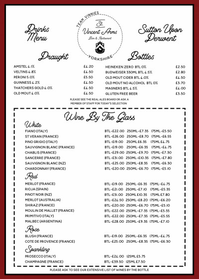 St Vincent Arms - Menus